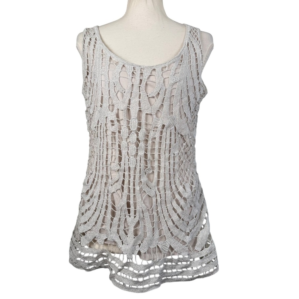 a.n.a Tank Top Womens L Beige Silver Metallic Crochet Lace Boho Shimmer Shell